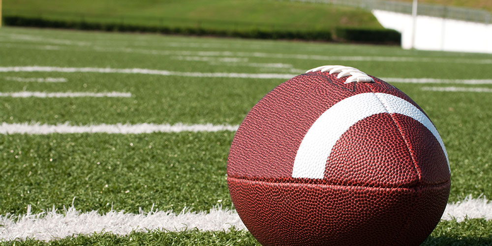 A football rests on the field.