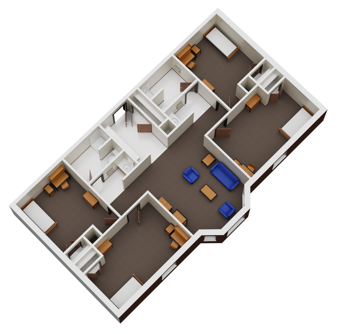 Floorplan for 4 single beds and 2 baths room.